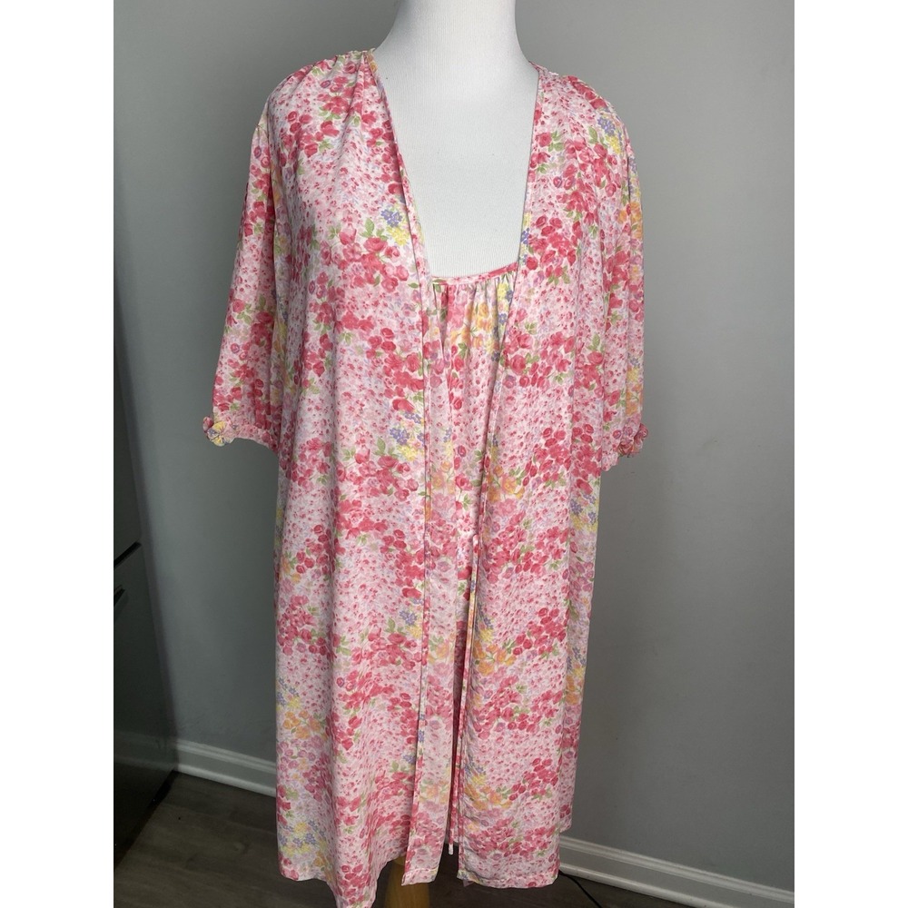 VINTAGE Oscar de la Renta Pink Label Pink Belted Floral Robe & Slip Dress Sz L
